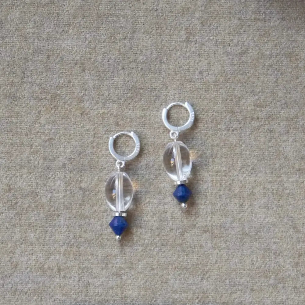 Clear quartz earrings with silver hoop and lapis lazuli drop Orienlu