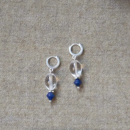 Clear quartz earrings with silver hoop and lapis lazuli drop Orienlu