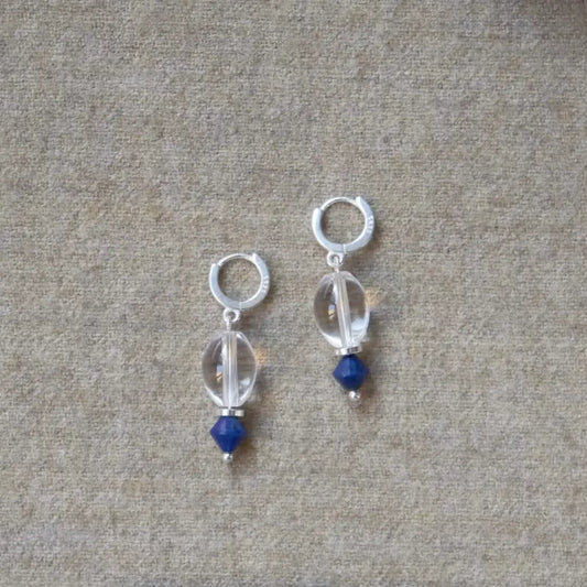 Clear quartz earrings with silver hoop and lapis lazuli drop Orienlu