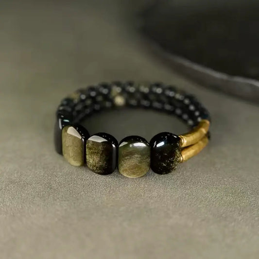 Handcrafted gold sheen obsidian bracelet with copper accents and black obsidian — Orienlu