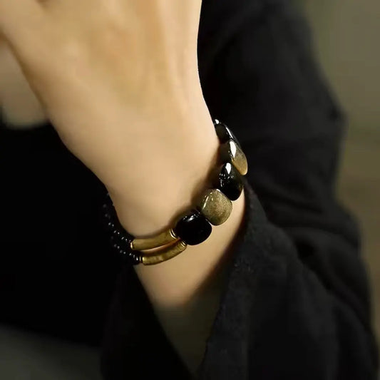 Double-layer obsidian protection bracelet worn as statement wrist piece — Orienlu