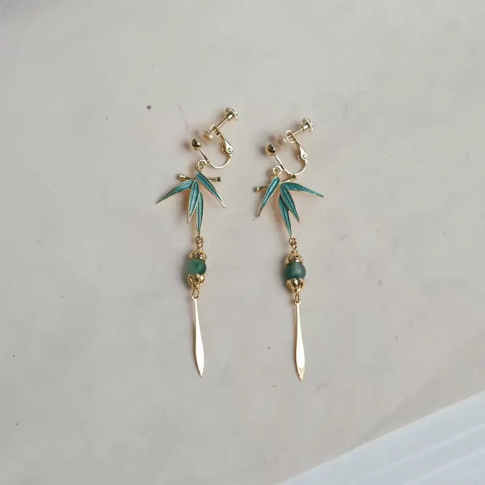 Chinese style green cloisonné bamboo leaf drop earrings shown with adjustable screw-back clip-on findings — Orienlu