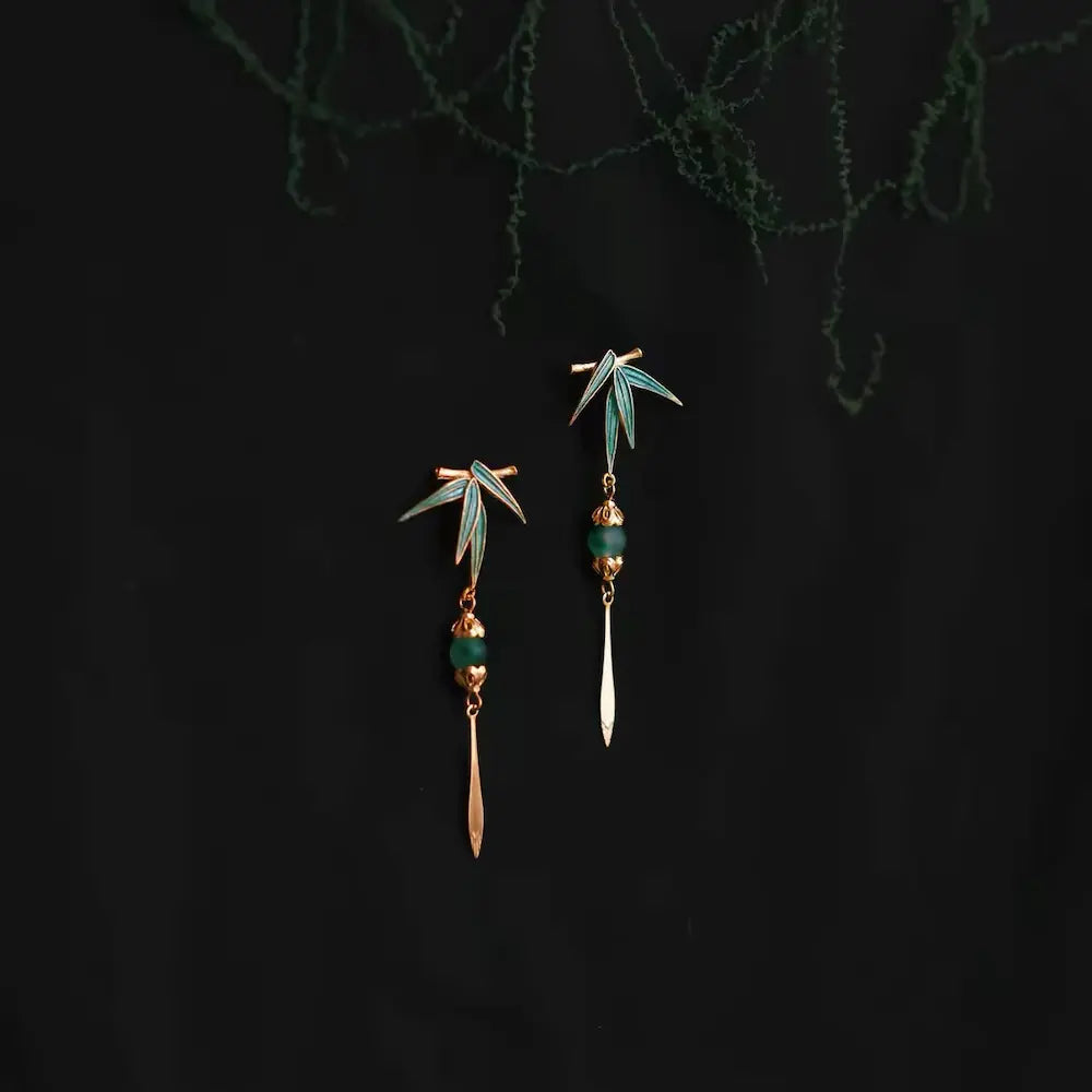 Handcrafted bamboo drop earrings with green cloisonné leaf, green quartzite bead and gold tassel — Orienlu