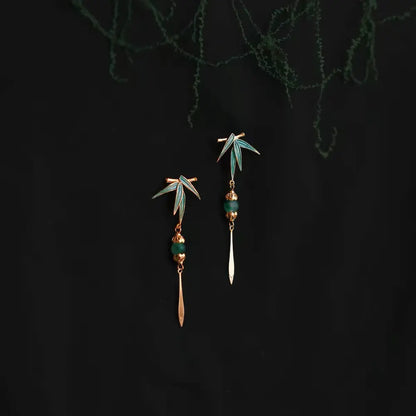 Handcrafted bamboo drop earrings with green cloisonné leaf, green quartzite bead and gold tassel — Orienlu