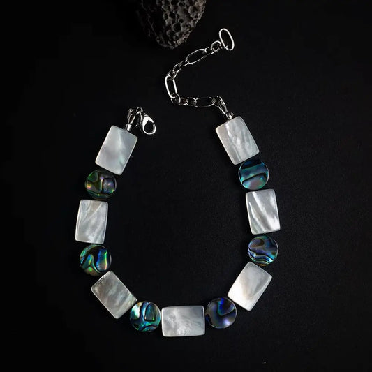 Handcrafted mother of pearl and abalone shell bracelet with alternating rectangle beads — Orienlu