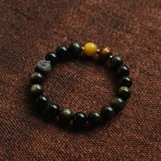 Handcrafted protection bracelet with silver sheen obsidian and tiger's eye beads — Orienlu