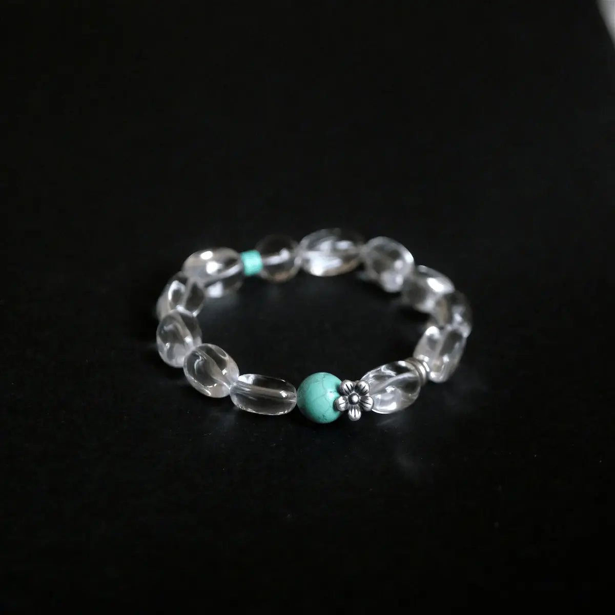 Handcrafted white quartz bracelet with clear crystal beads and turquoise magnesite accent — Orienlu