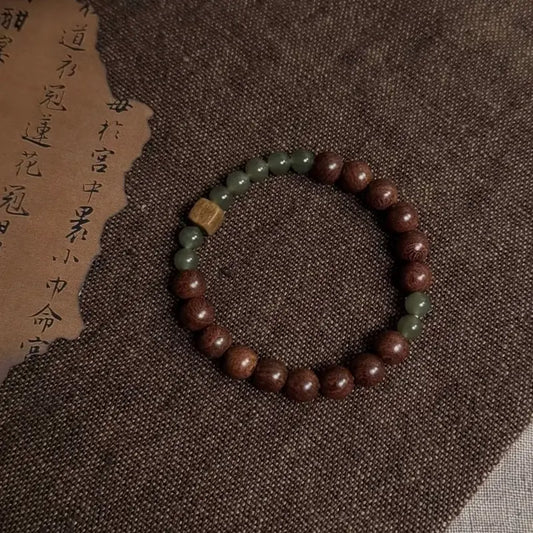  Handcrafted sandalwood bracelet with golden sandalwood beads and hetian jade — Orienlu