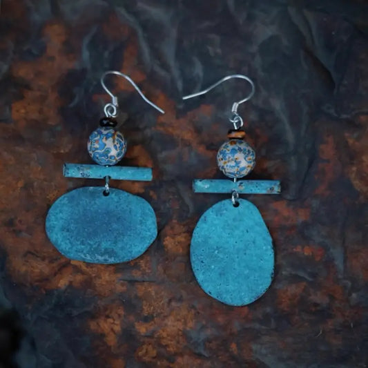 | Handcrafted bronze drop earrings with lacquerware bead and patina bronze pendant — Orienlu