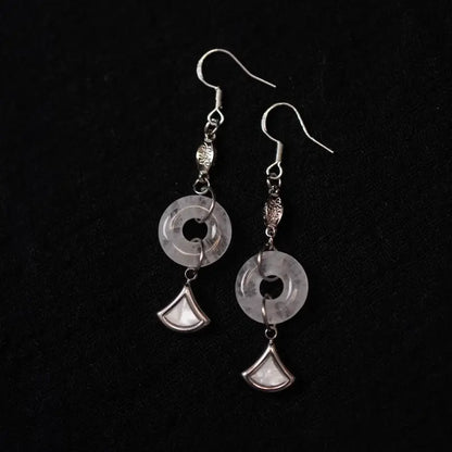 Handcrafted rose quartz earrings with mother of pearl fan pendant on silver hooks — Orienlu