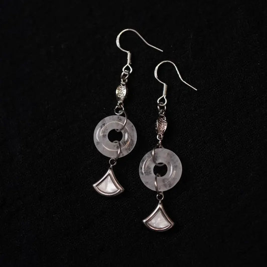 Handcrafted rose quartz earrings with mother of pearl fan pendant on silver hooks — Orienlu