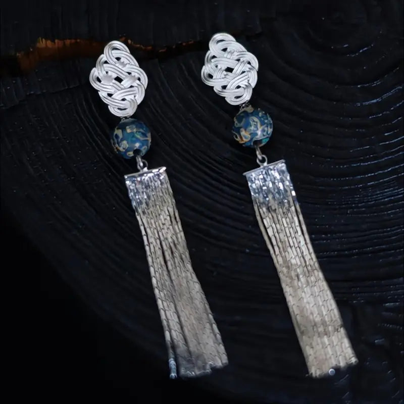 Handcrafted chinese knot earrings with lacquerware bead and woven silver tassel — Orienlu