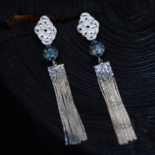 Handcrafted chinese knot earrings with lacquerware bead and woven silver tassel — Orienlu