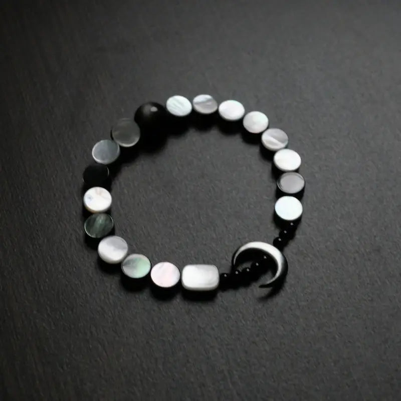 Handcrafted moon bracelet with mother of pearl disc beads and silver sheen obsidian — Orienlu |