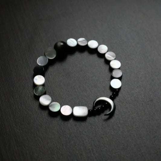 Handcrafted moon bracelet with mother of pearl disc beads and silver sheen obsidian — Orienlu |
