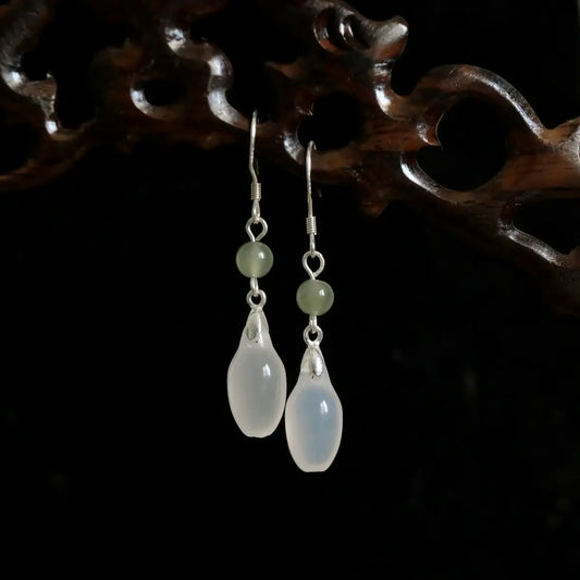 Handcrafted jade drop earrings with hetian jade bead and white agate teardrop — Orienlu