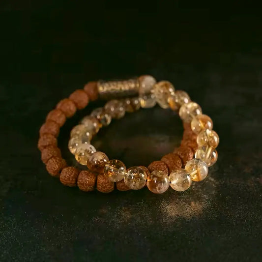 Handcrafted rudraksha seed bracelet with citrine beads and hammered copper tube — Orienlu